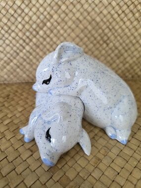 Speckled Ceramic Pig Pair Figurine - Light Blue Accent, Set Of 2.